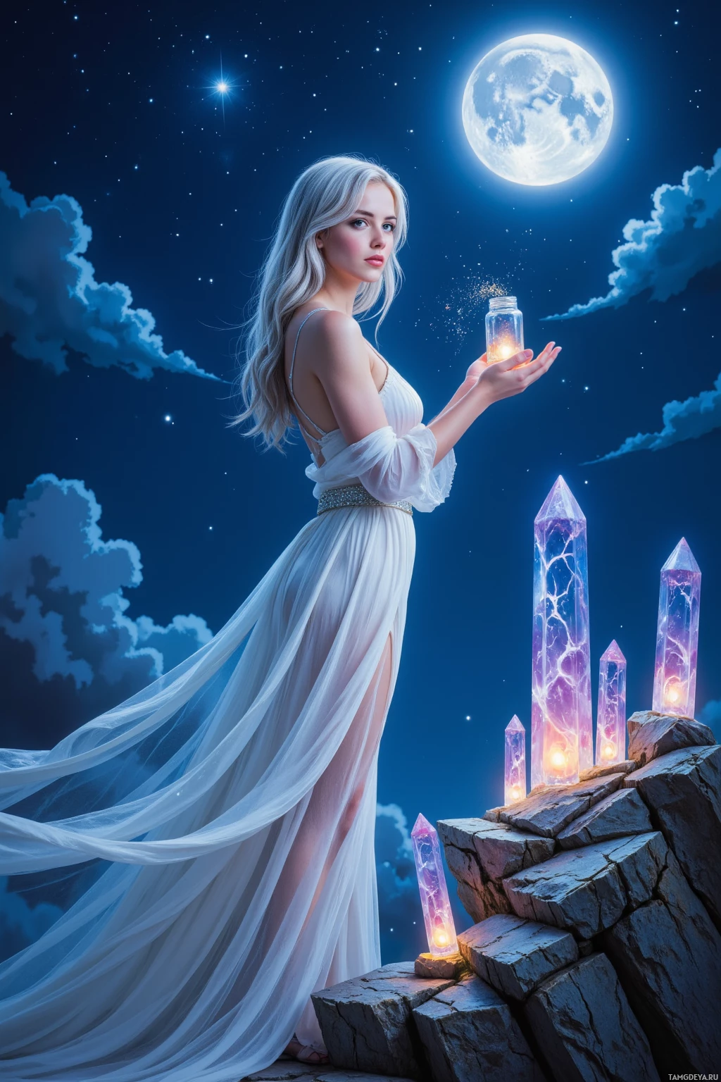 A woman in a flowing white gown stands on a rocky outcrop, holding a glowing jar under a night sky with a full moon and stars.