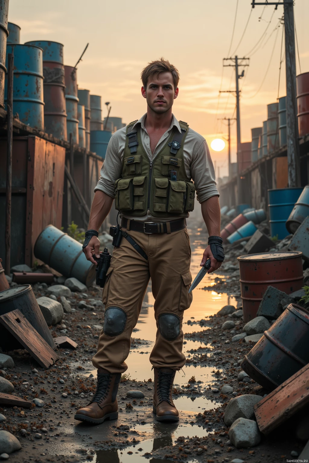 A man in tactical gear stands in a desolate, rusted industrial area at sunset.