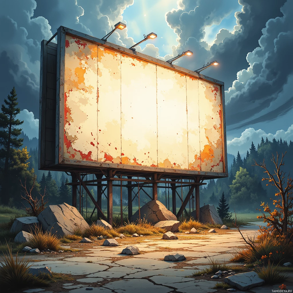 An old, rusted billboard stands in a natural landscape with rocks and trees under a partly cloudy sky.