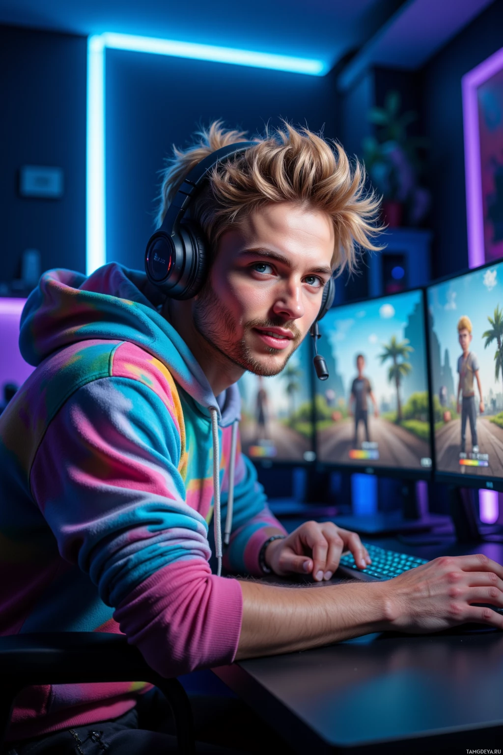 A person wearing a colorful hoodie and headphones is seated at a desk with multiple monitors displaying a video game.