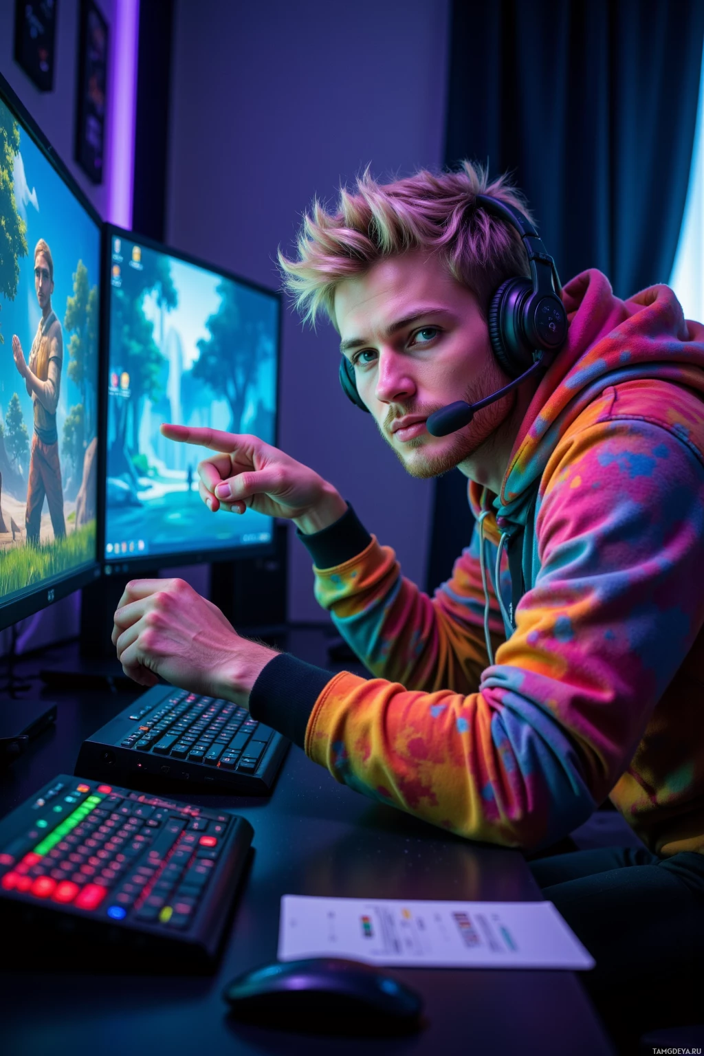 A person wearing a colorful hoodie and headphones is sitting at a desk with multiple monitors, pointing towards the screen.