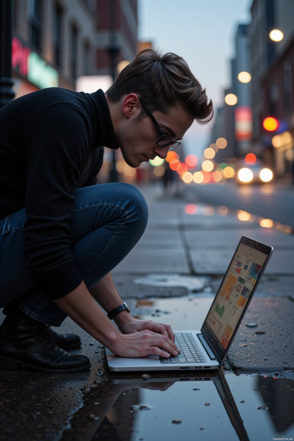 A person is crouching on a wet street using a laptop with colorful graphics displayed on the screen.