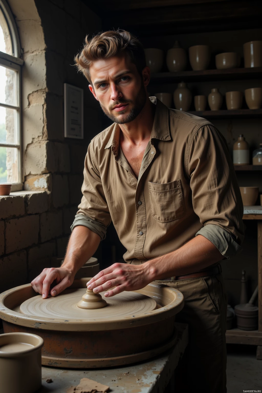 A person is working on a pottery wheel in a studio.
