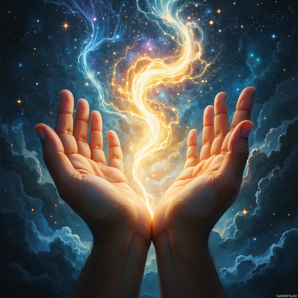 Two hands cupped open, reaching towards a glowing, cosmic energy in a starry sky.
