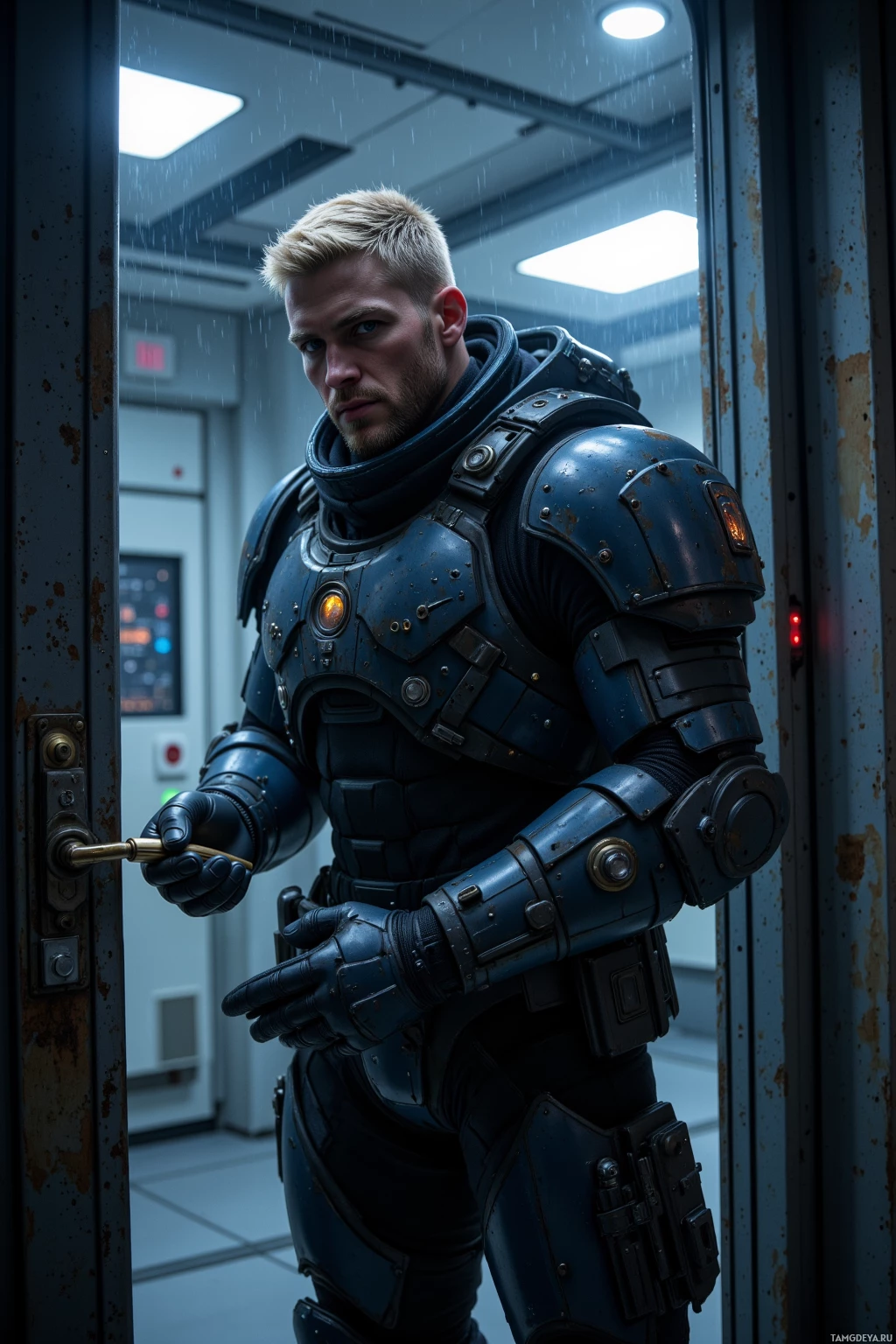 A person in futuristic armor stands in a doorway, holding a key.