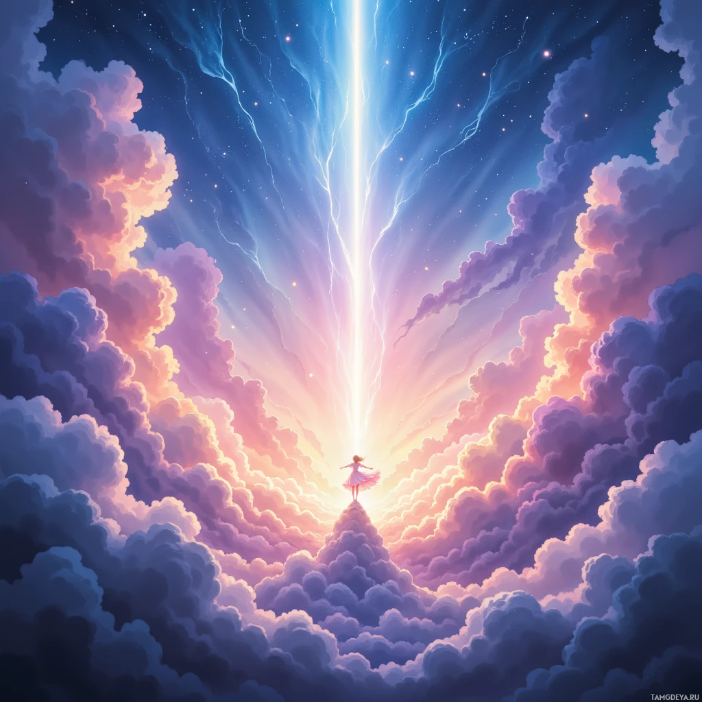A figure stands atop a cloud peak under a radiant sky with streaks of light and colorful clouds.