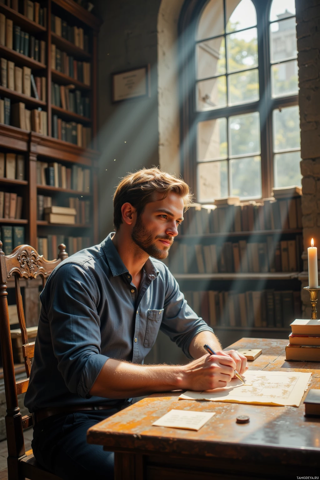A man sits at a desk in a library, writing with a quill pen.