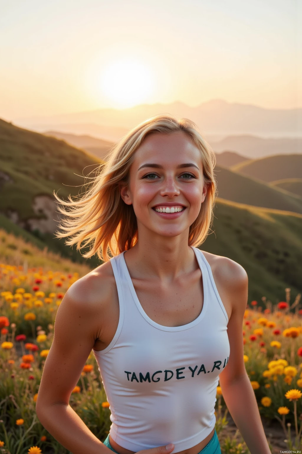 A woman smiles in a field of wildflowers with a mountainous background at sunset.