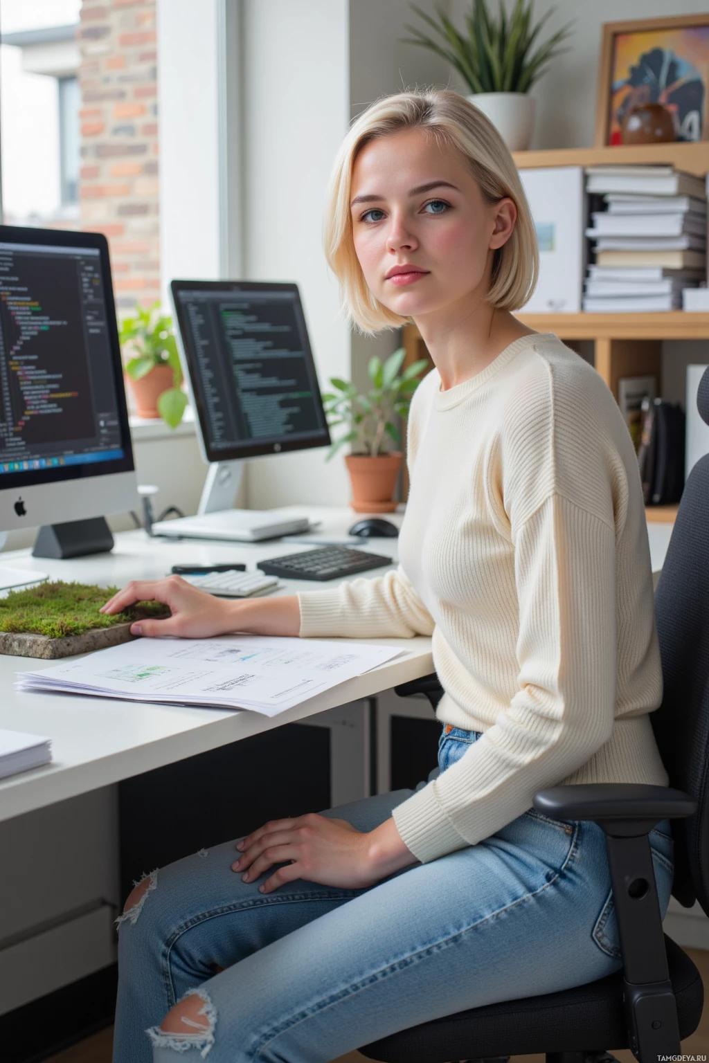 A person sits at a desk with two computer monitors displaying code, wearing a white sweater and jeans.