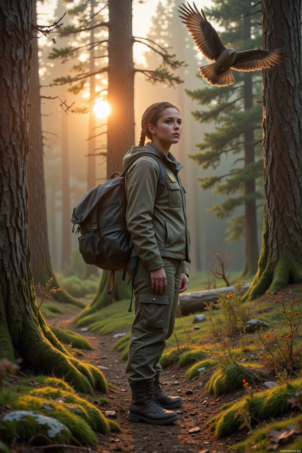 A person in outdoor gear stands on a forest path, with a bird flying nearby and sunlight filtering through the trees.