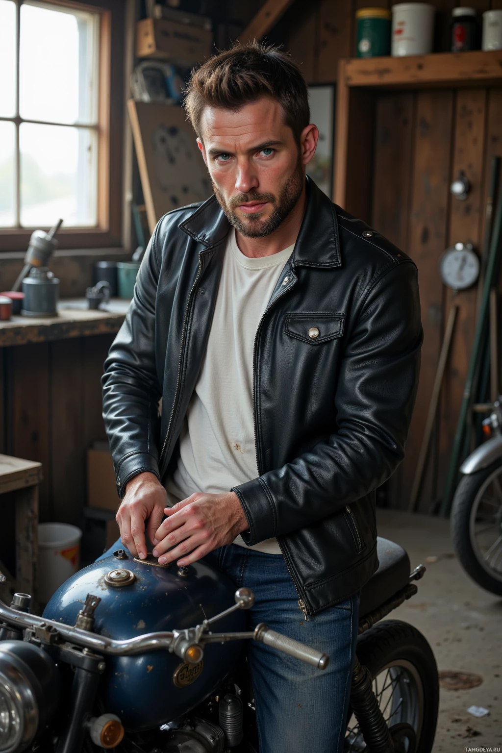 A man in a leather jacket stands beside an old motorcycle in a workshop setting.