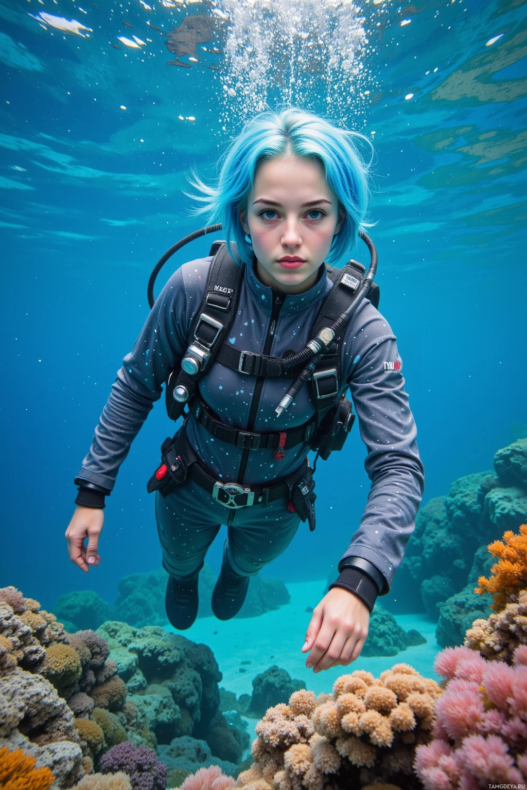 A person in scuba gear swims underwater near colorful coral reefs.