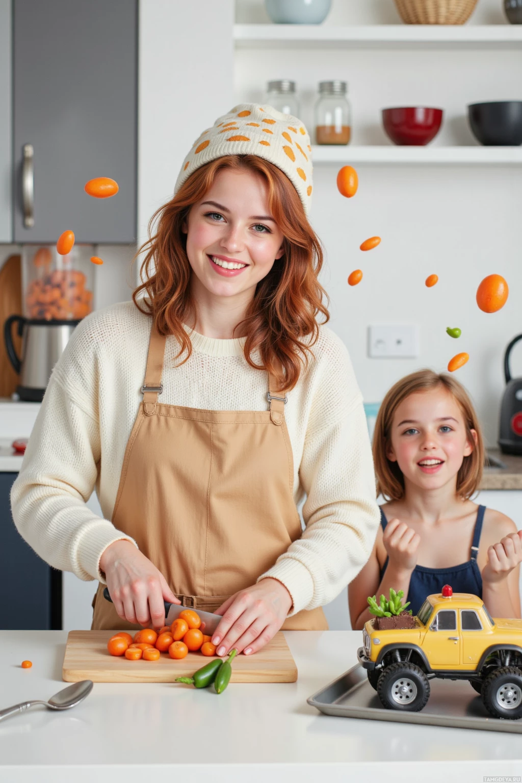 A woman and child in a kitchen with carrots flying around them.