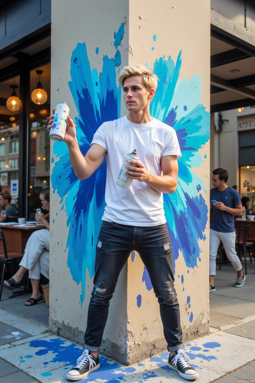 A person stands in front of a wall with blue paint splatters, holding spray paint cans.