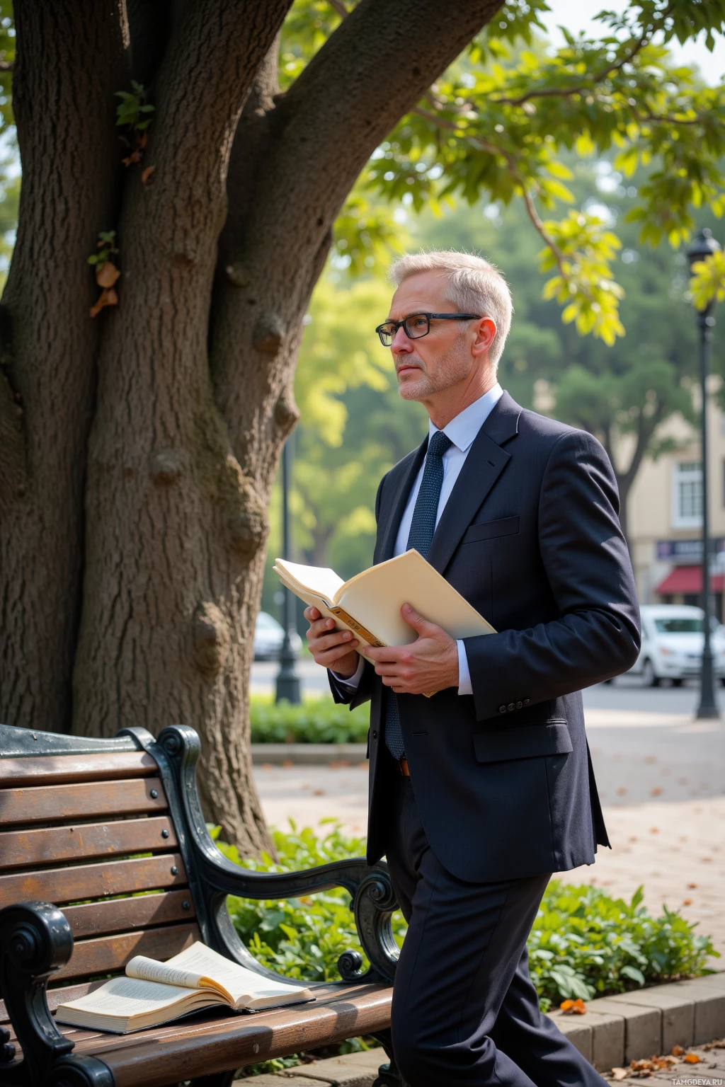 A man in a suit stands by a bench, holding an open book.