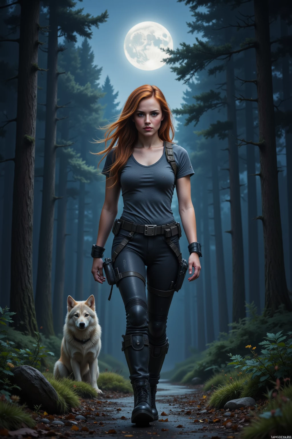 A person in tactical gear walks through a forest under a full moon, accompanied by a dog.