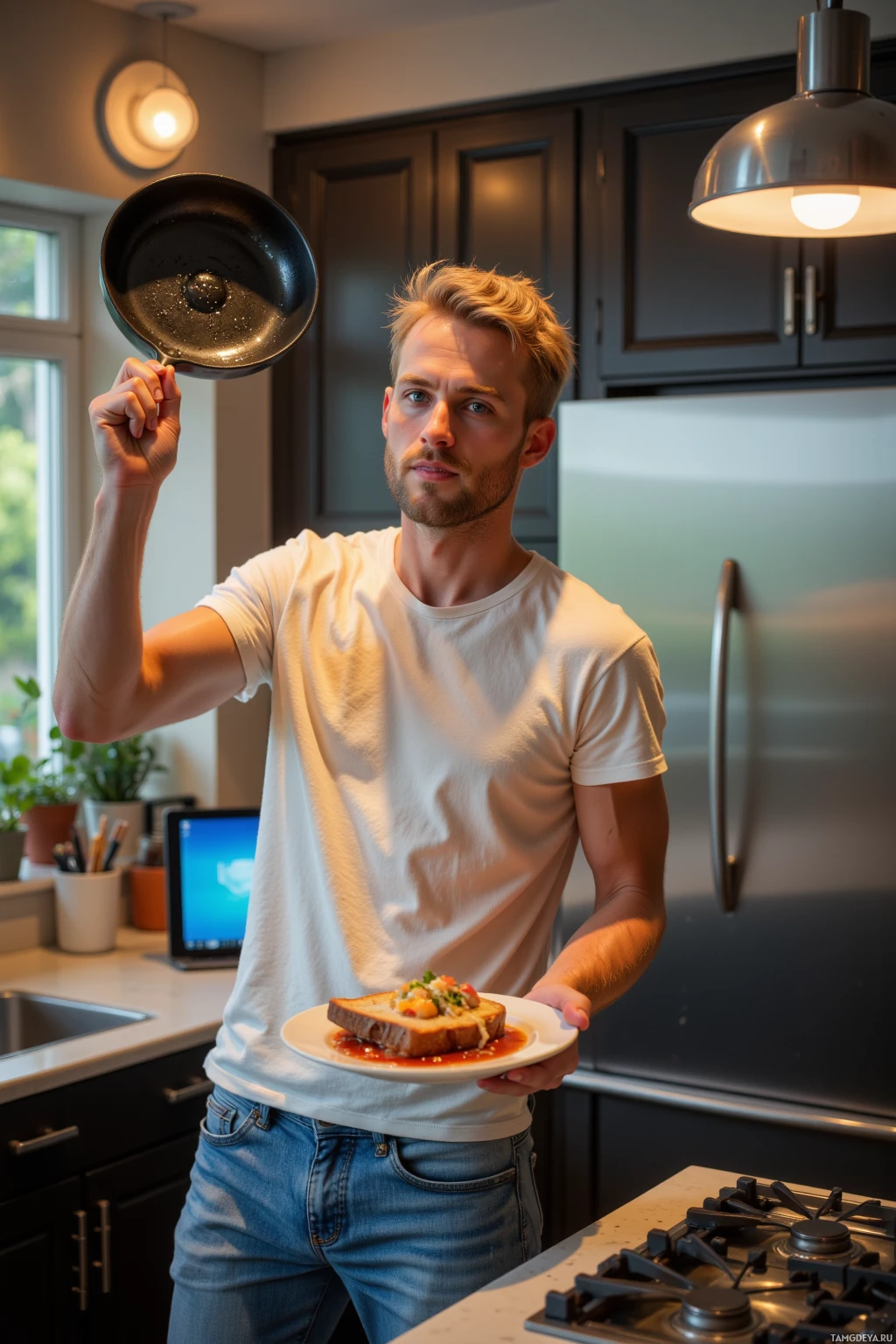 A person holds a plate with food and a skillet in a kitchen setting.