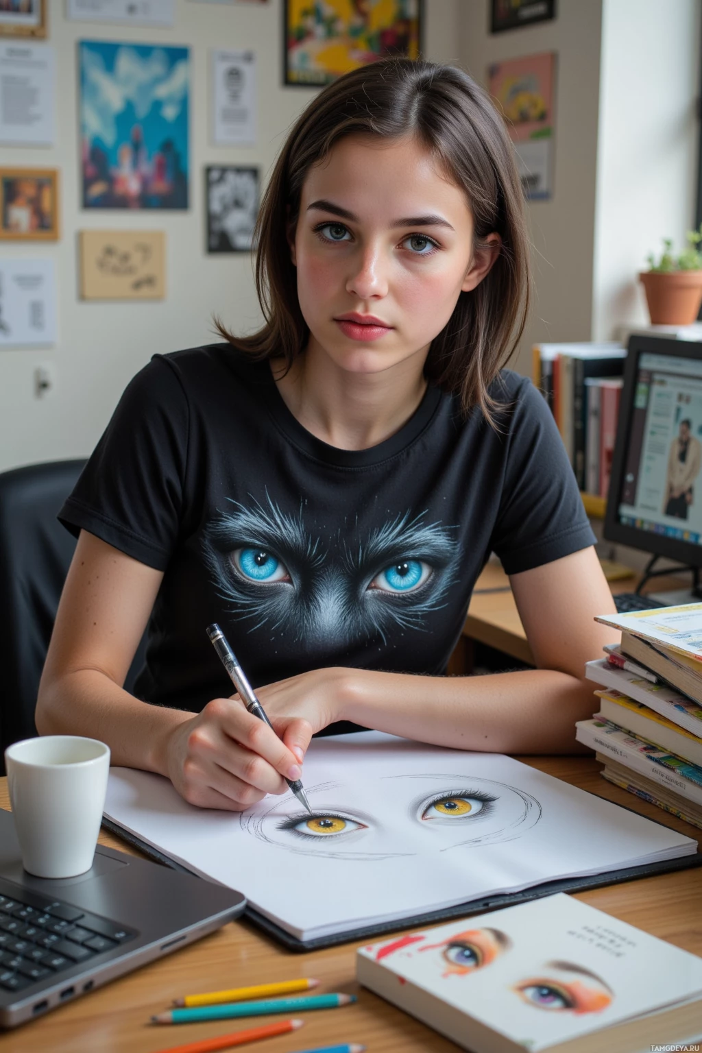 A person wearing a black t-shirt with a cat face design is drawing a sketch of eyes in a notebook.