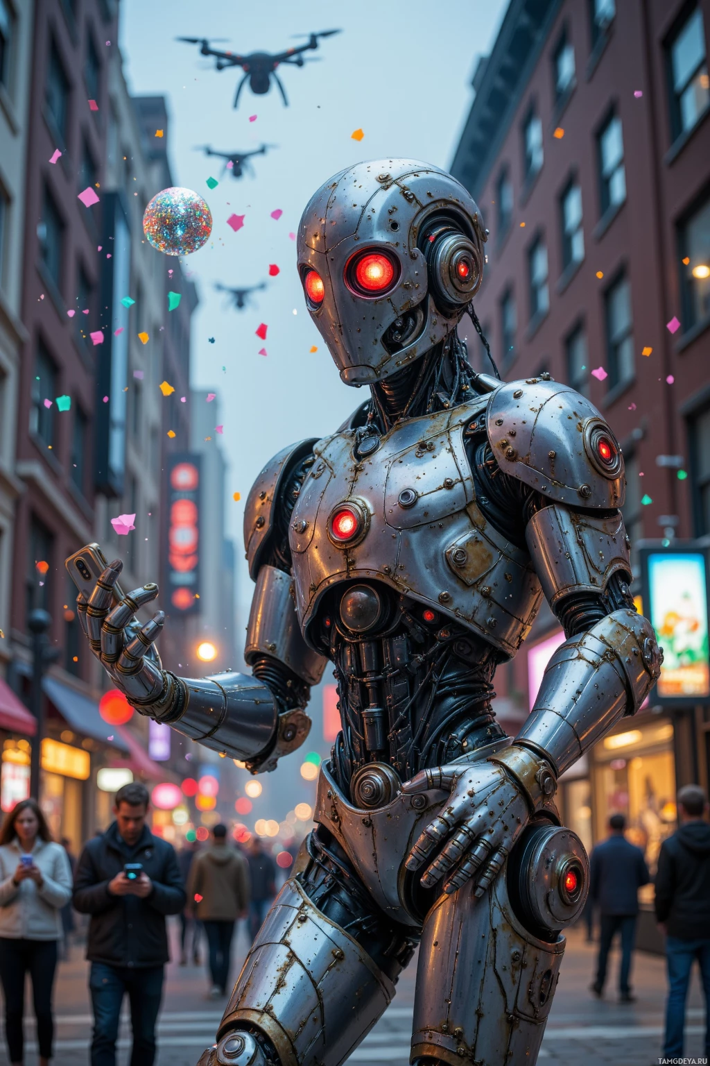 A robot with glowing red eyes stands in a bustling city street, surrounded by confetti and drones.