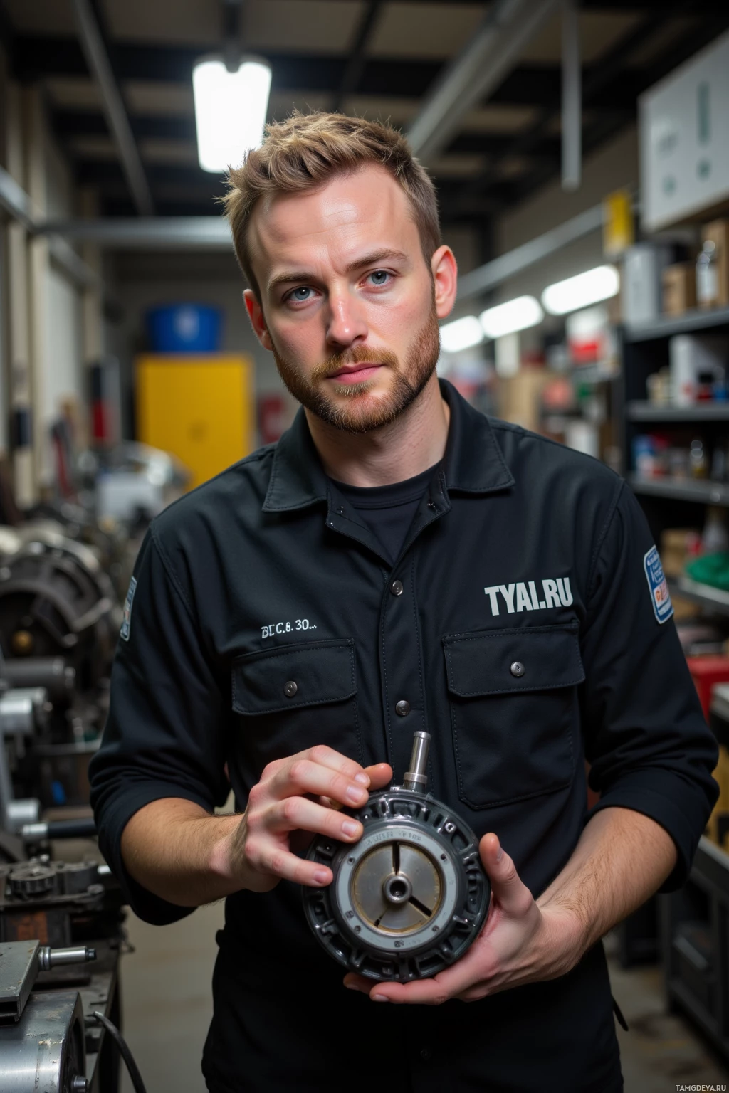 A person in a workshop setting holds a mechanical part.