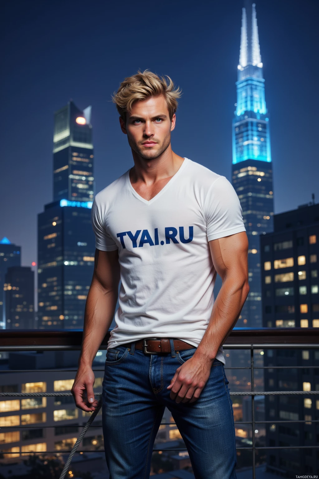 A person stands on a rooftop at night, wearing a white t-shirt with "TYAI.RU" printed on it, against a backdrop of illuminated skyscrapers.