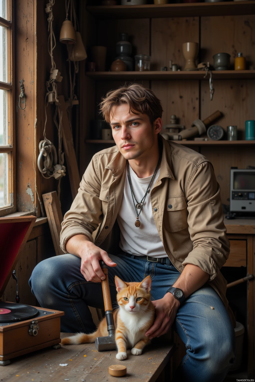 A man sits in a workshop with a cat and a hammer beside him.
