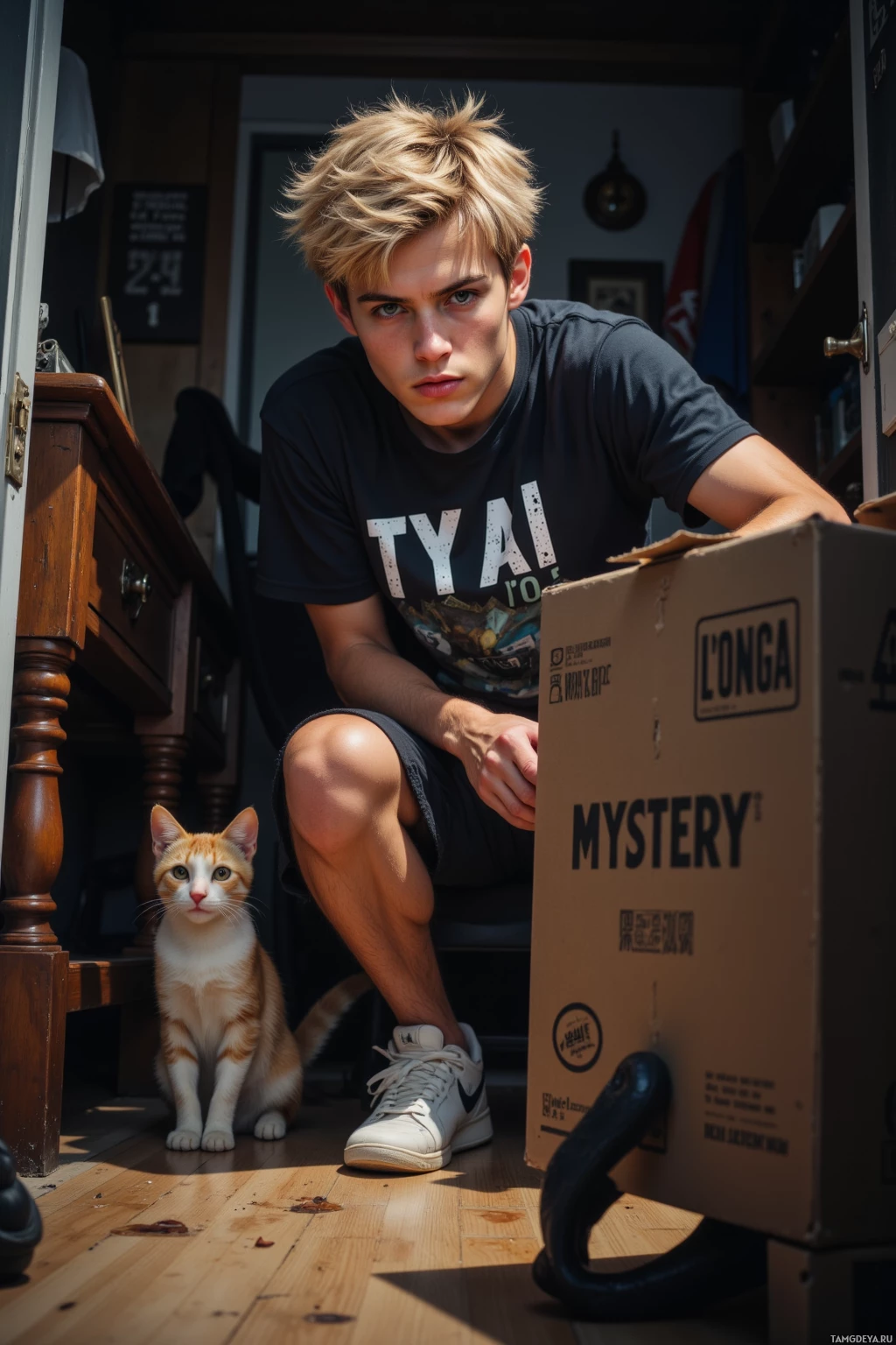 A person crouches beside a cat and a mystery box in a sunlit room.