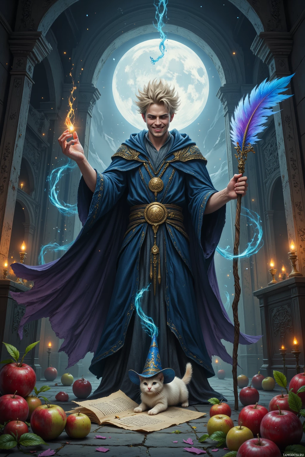 A wizard in a blue robe holds a staff, surrounded by apples and a small cat, with a glowing moon in the background.