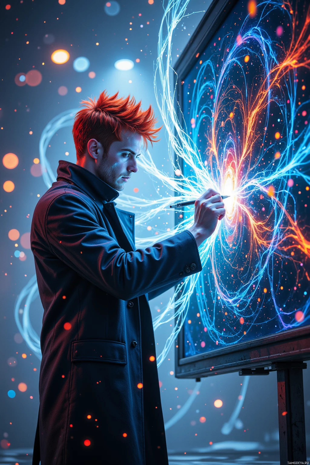 A person with red hair is drawing with a pen, creating glowing, colorful lines on a large screen.