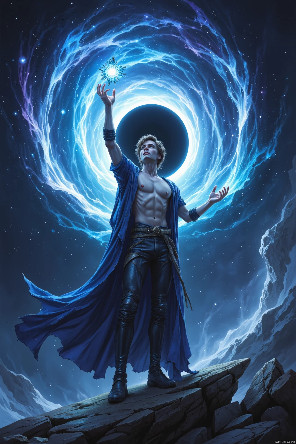 A figure stands on a rocky outcrop, reaching towards a glowing, swirling portal in the sky.