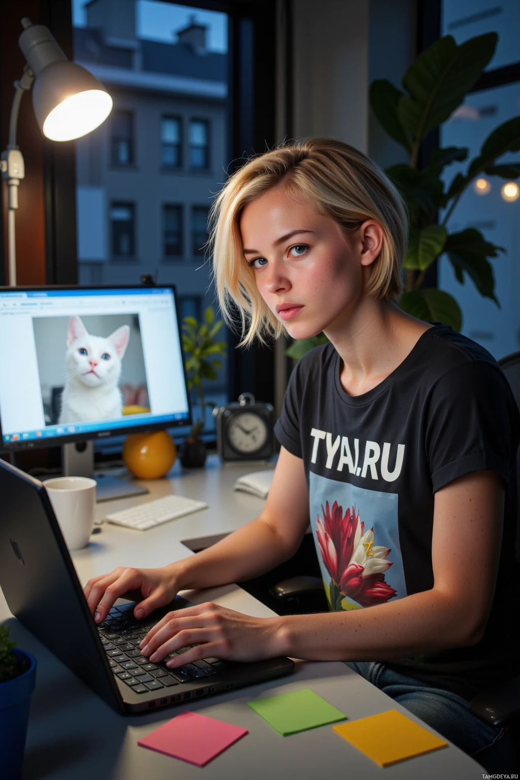 A woman is working at a desk with a laptop, a monitor displaying a cat image, and various office supplies around her.