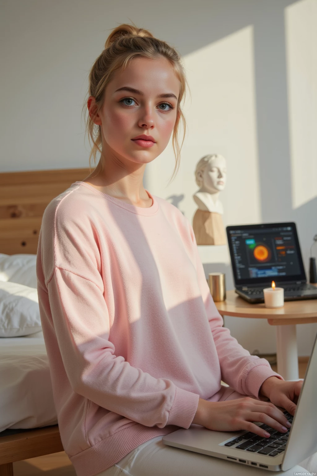 A person in a pink sweatshirt sits at a desk with a laptop, in a softly lit room.