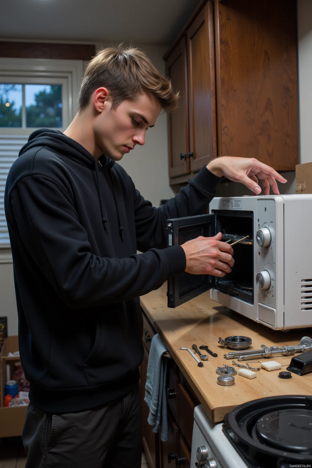 A person is working on a microwave in a kitchen setting.