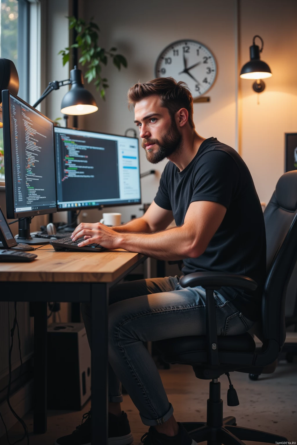 A person is sitting at a desk working on two computer monitors displaying code in an office setting.