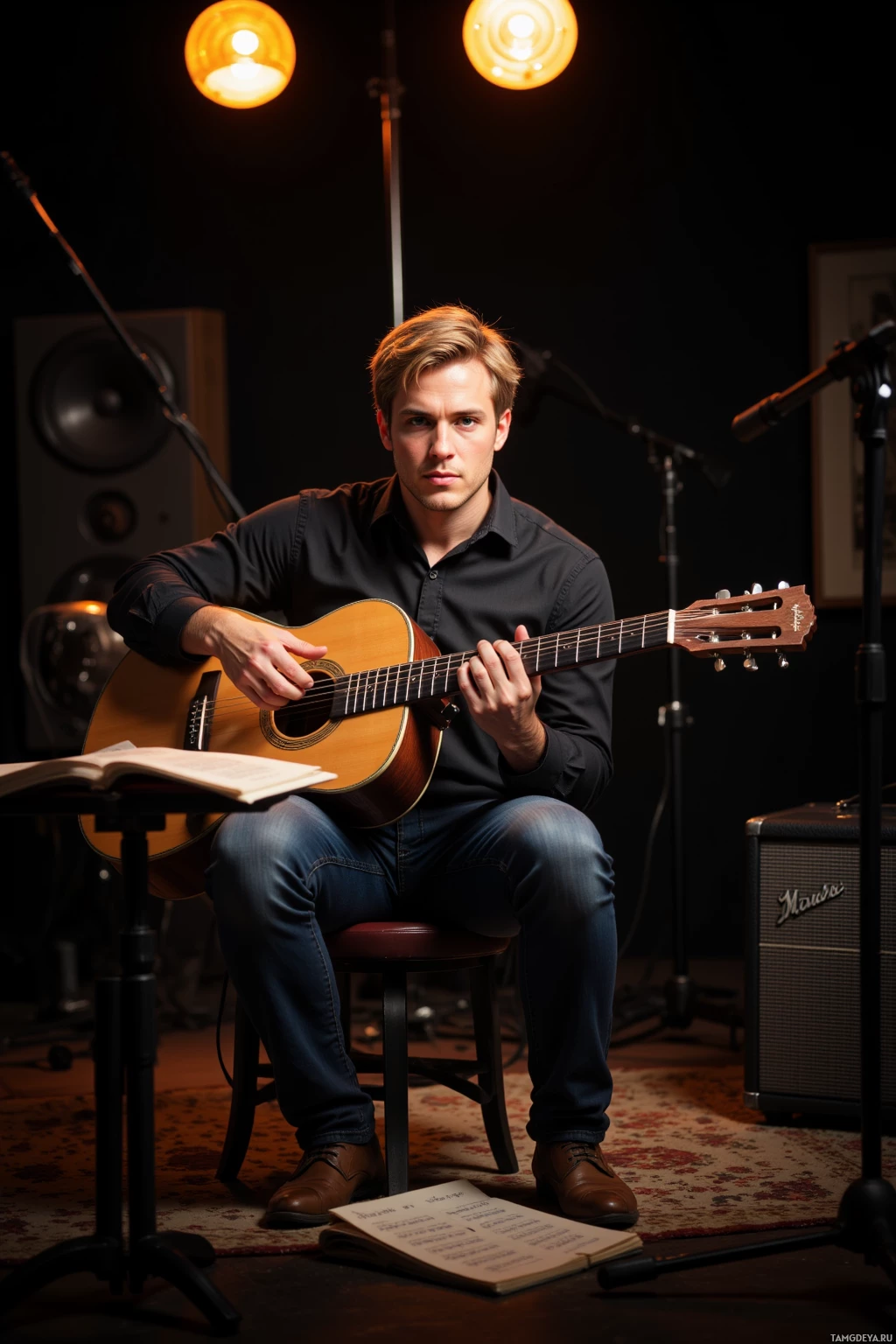 A person sits on a stool playing an acoustic guitar in a dimly lit room with musical equipment.