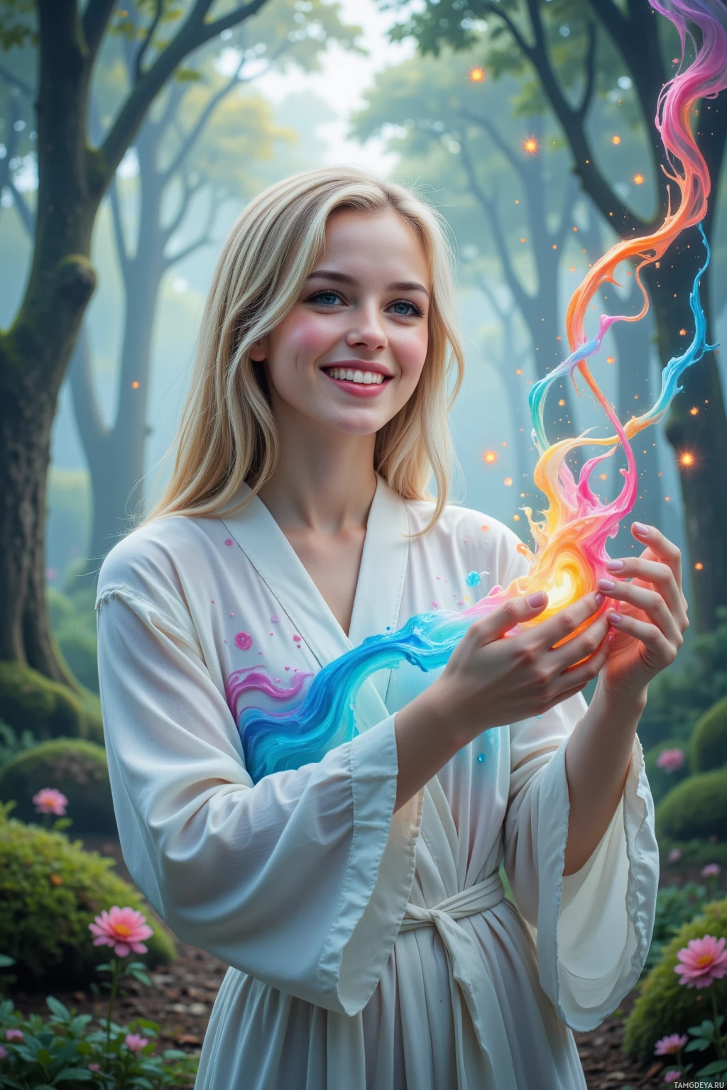 A woman in a white robe stands in a forest, holding a glowing, colorful, swirling object.