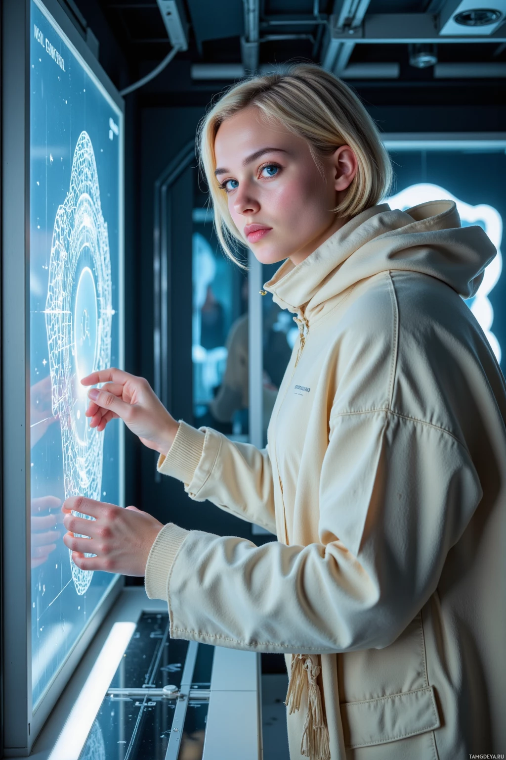 A person in a beige hoodie interacts with a digital display in a modern setting.