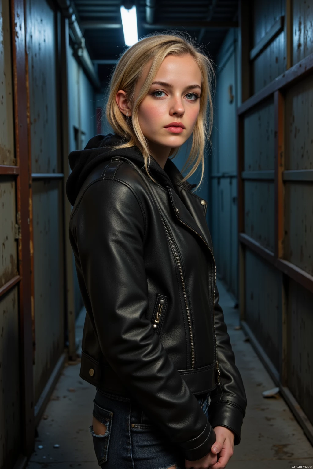 A person wearing a black leather jacket and ripped jeans stands in a dimly lit hallway.