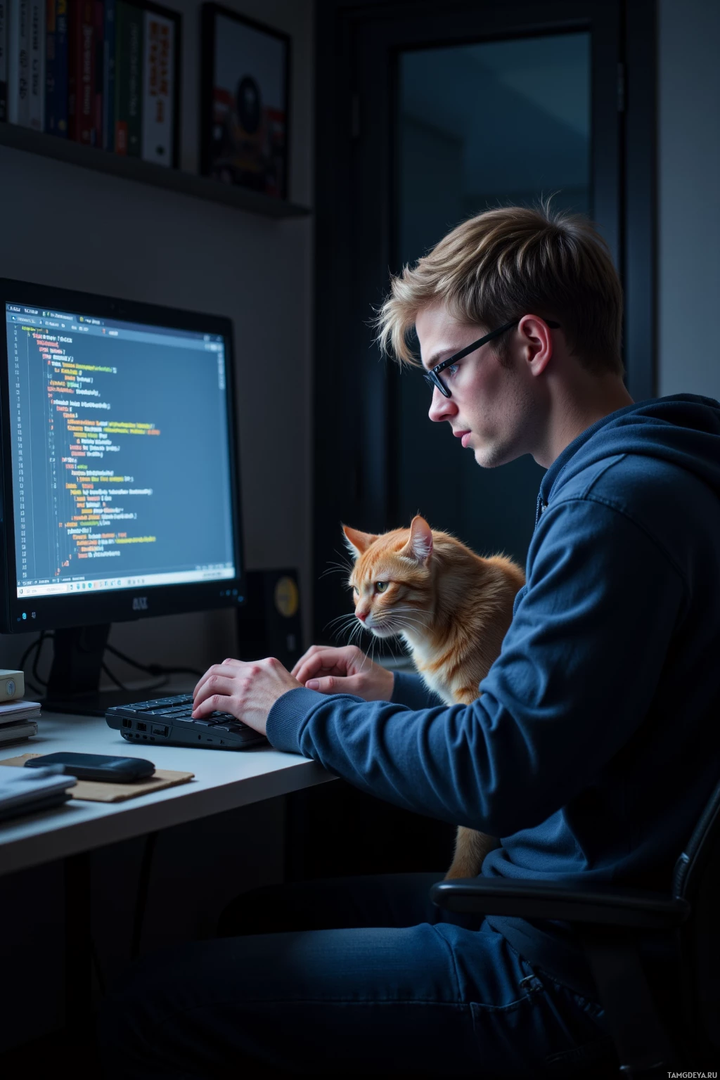 A person is sitting at a desk, typing on a keyboard, with a cat sitting on their lap.