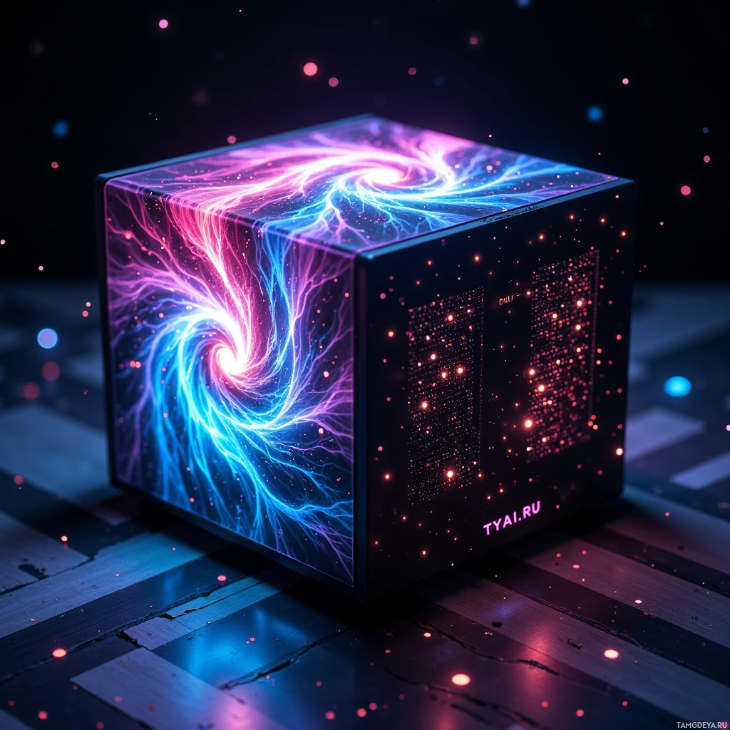 A glowing cube with swirling blue and pink energy patterns sits on a dark surface against a starry background.