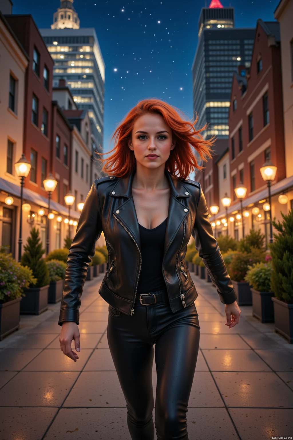 A woman in a leather jacket walks down a city street at dusk.
