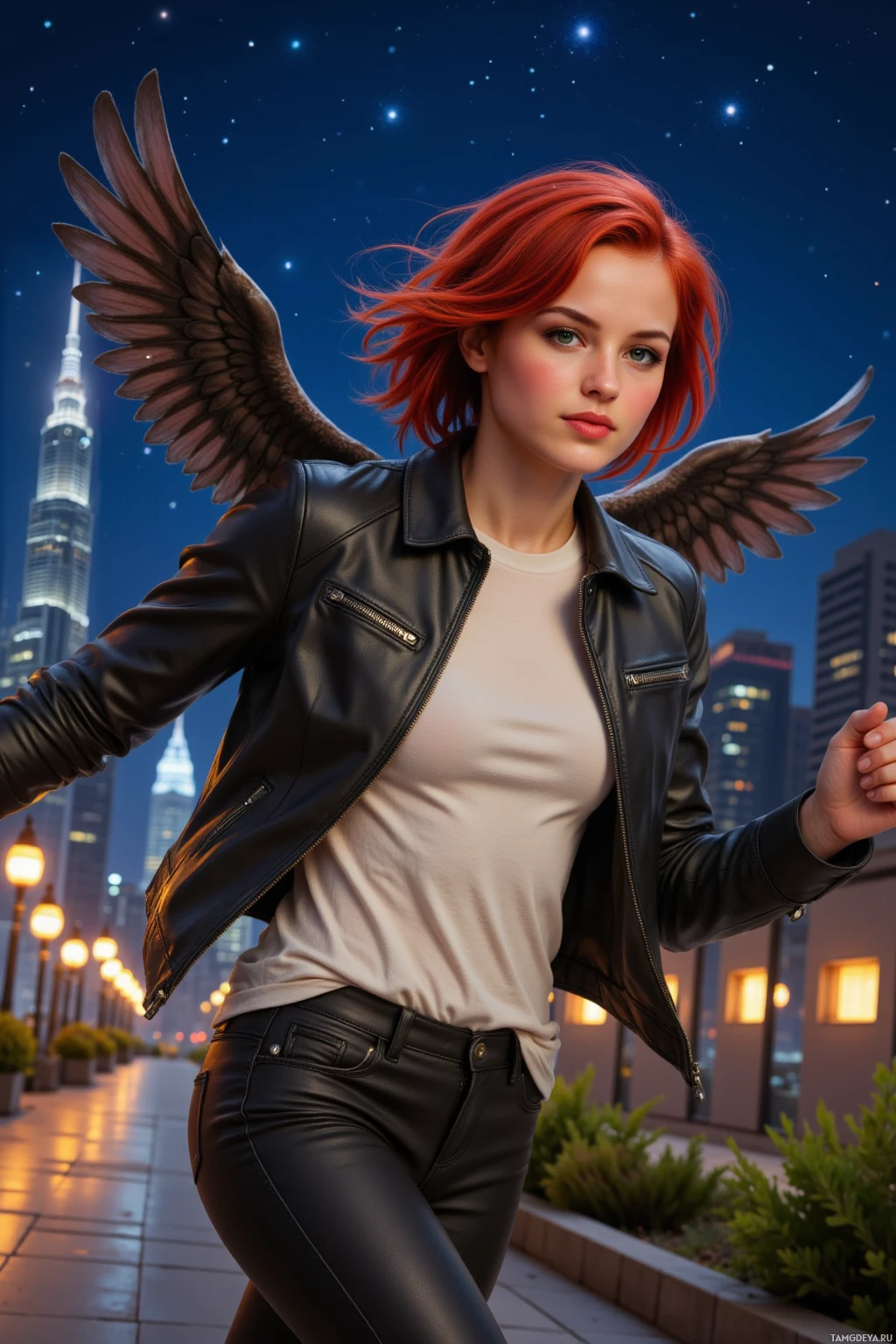A woman with red hair and wings stands in a cityscape at night.