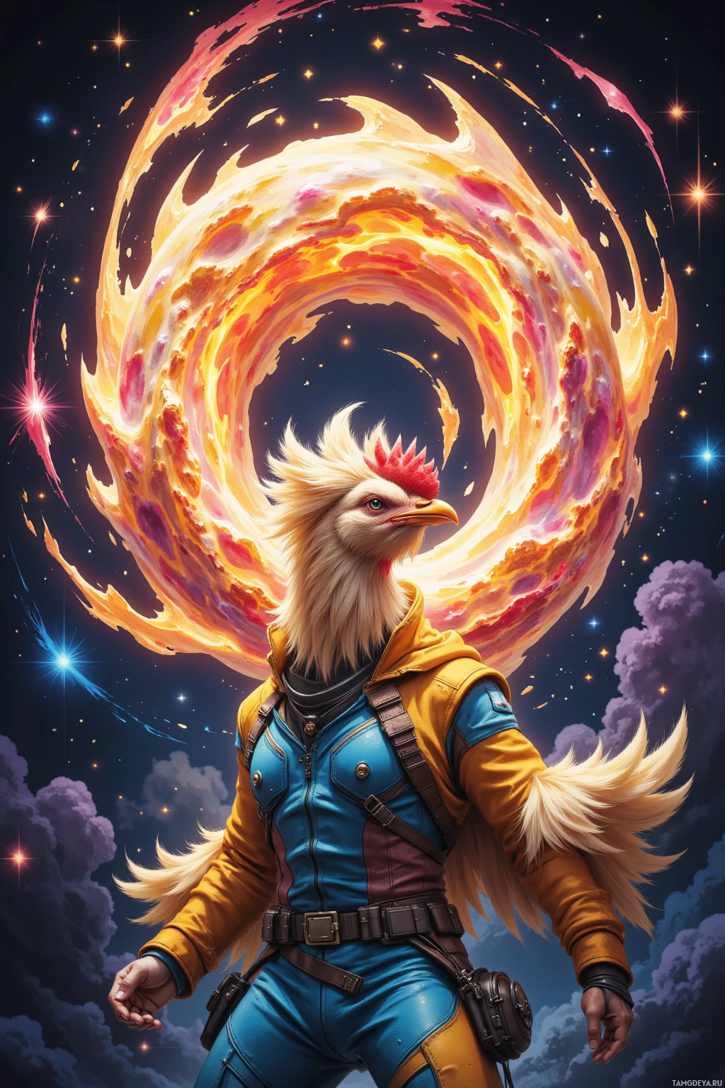 A fantastical character with a rooster head and a fiery, swirling background.