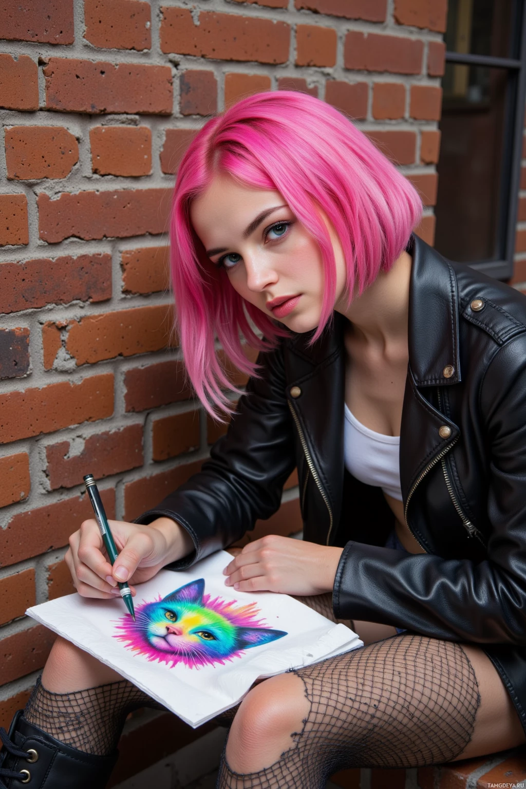 A person with pink hair is drawing a colorful cat on paper while sitting against a brick wall.