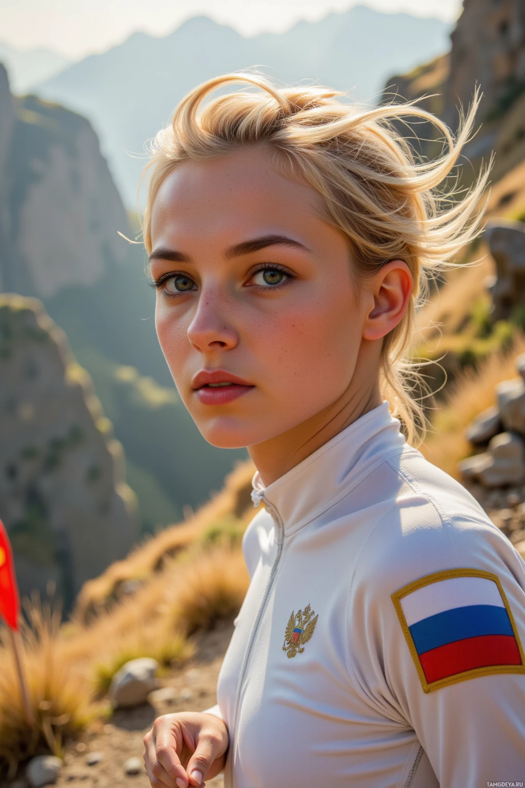 A person wearing a white jacket with Russian flag and emblem patches stands in front of mountainous terrain.