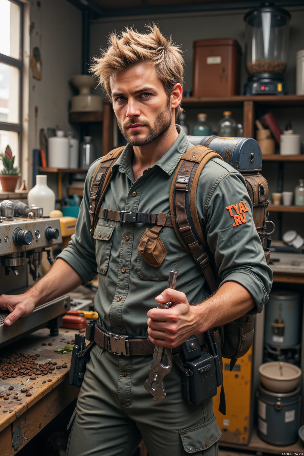 A person in a utility uniform with a backpack and tools, standing in a workshop.