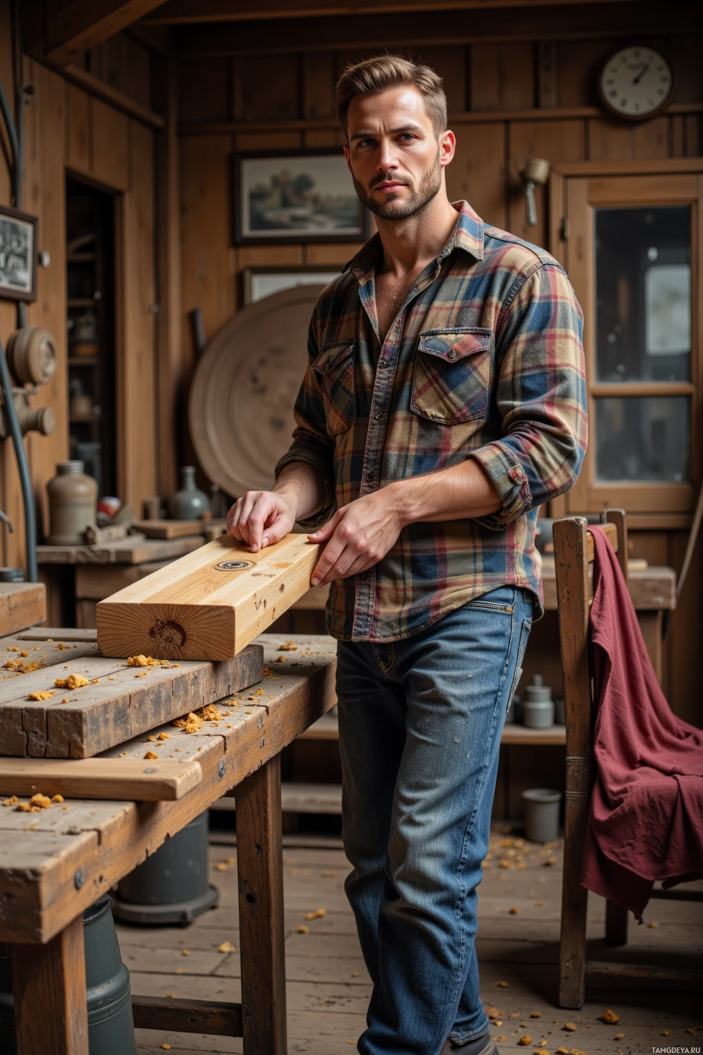 A man in a plaid shirt and jeans stands in a workshop holding a piece of wood on a workbench.