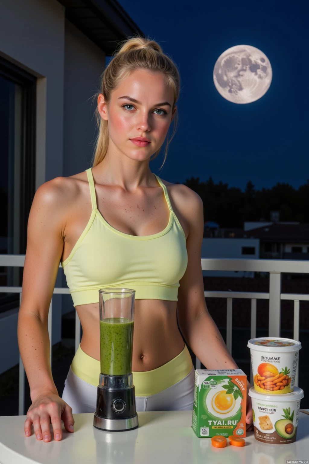 A woman in a sports bra stands on a balcony with a blender, a box of tea, and a container of yogurt.