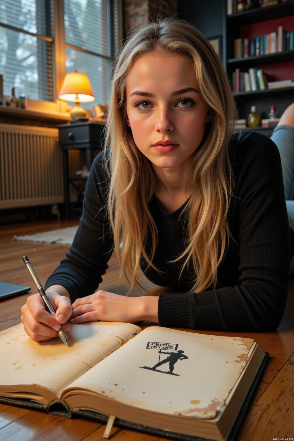 A person is writing in an old book on a wooden table.