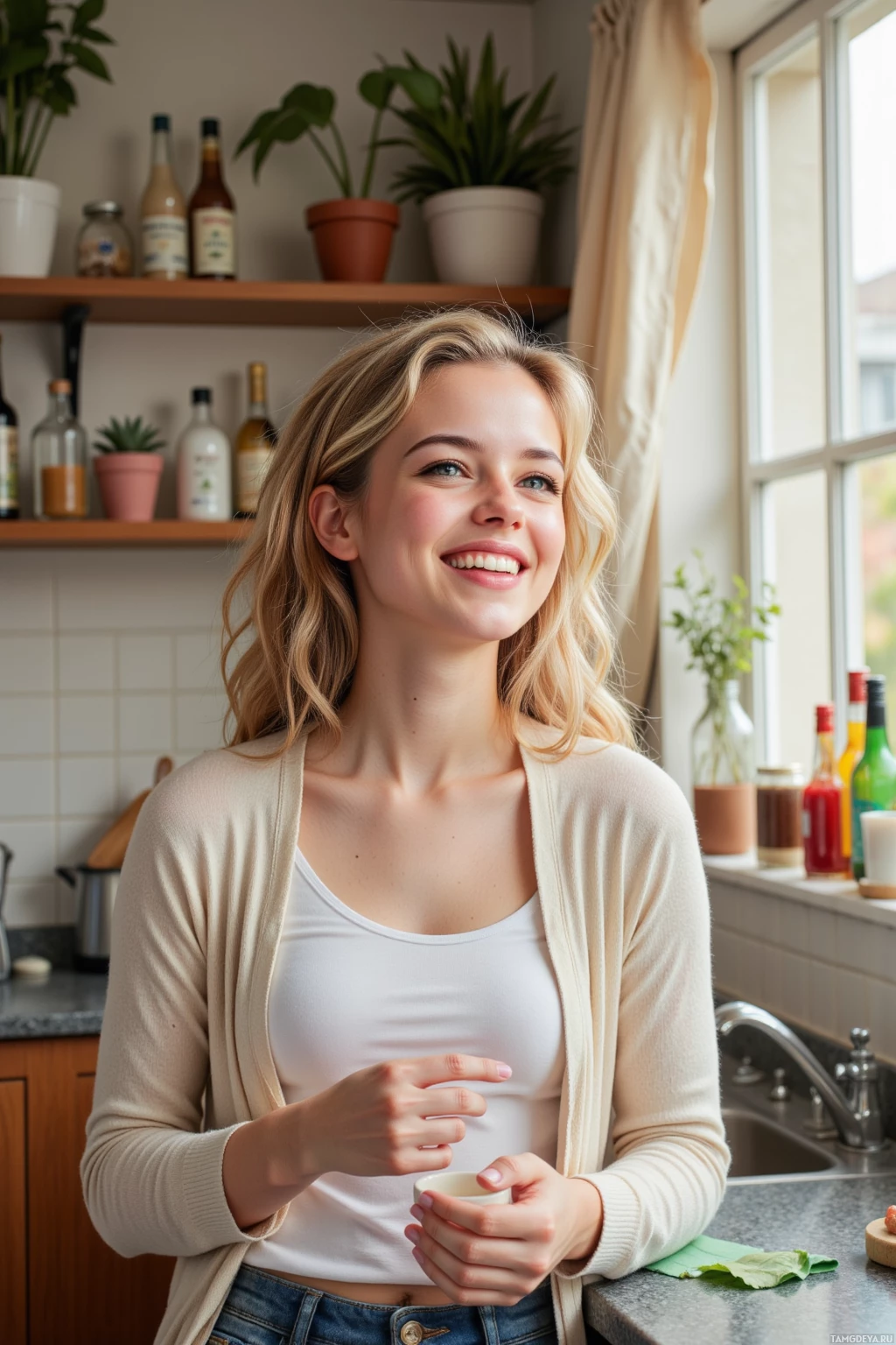 A woman smiles while holding a cup in a kitchen setting with plants and bottles on shelves.